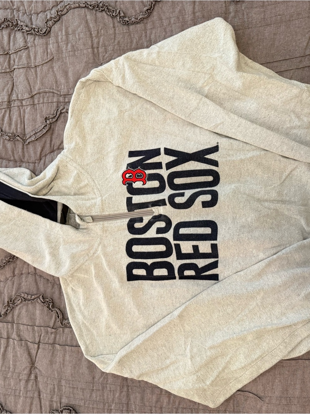 New Era Cream Boston Red Sox Cropped Hoodie with Blue Lettering and Red Logo